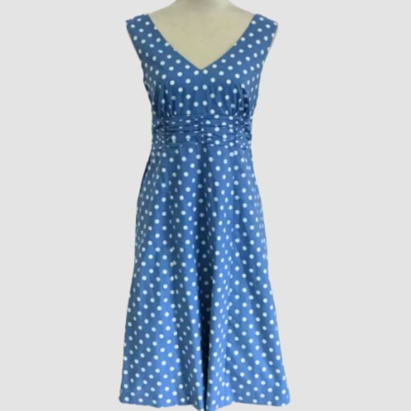 Boden Dresses & Skirts - Vintage Boden V-neck Polka Dot A-line Sleeveless Dress Blue/White Size 8L NWOT